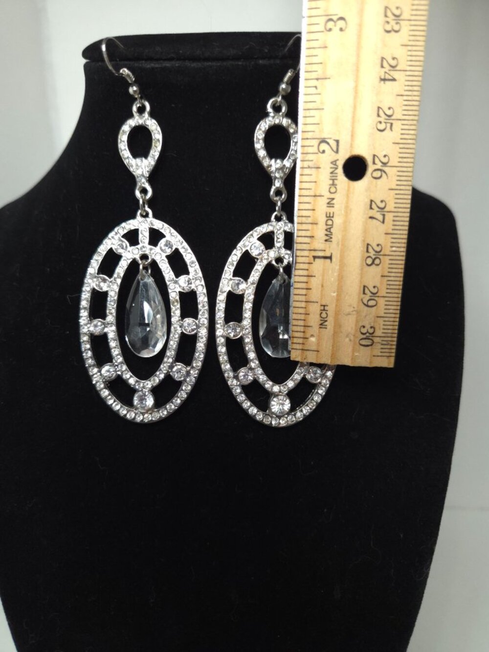 Large Rhinestone Silver-Tone Dangle Pierced Earrings - Picture 3 of 4